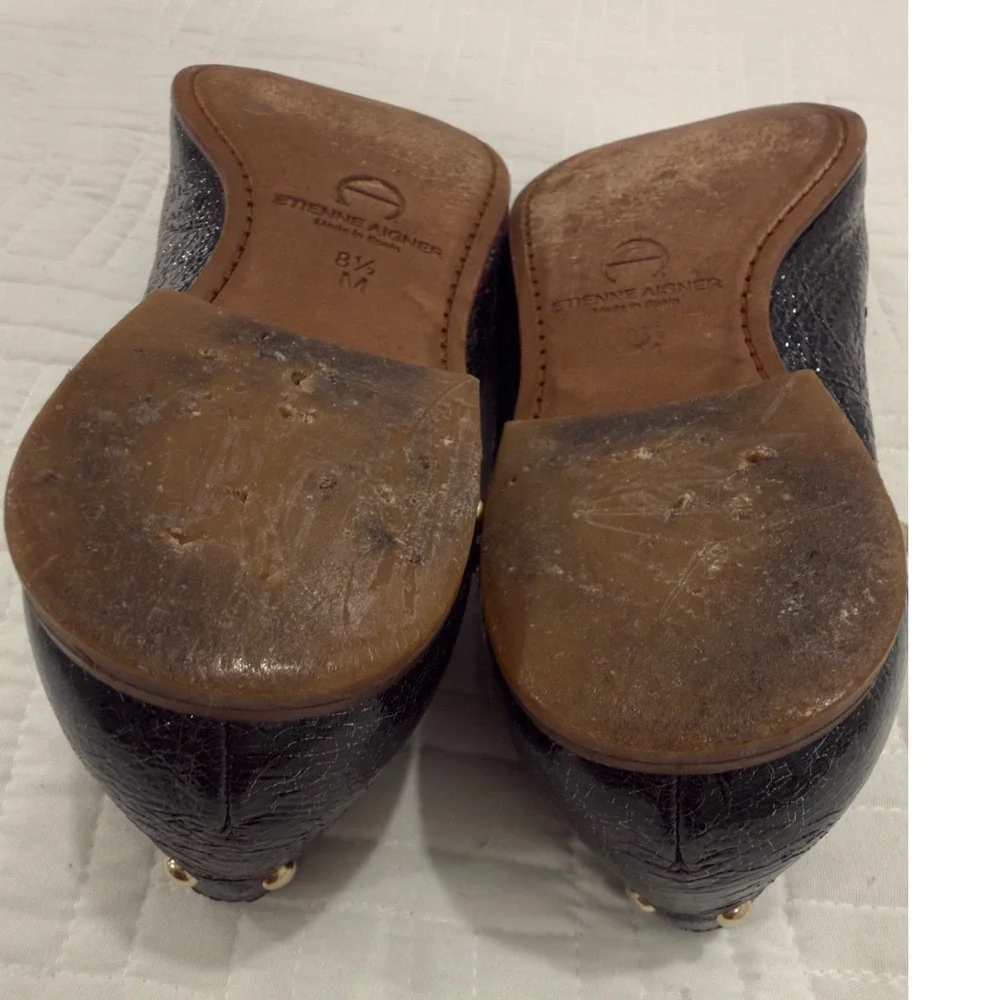 Etienne Aigner Black Crinkle Patent Studded Leather‎ Loafers Made in Spain 8.5 M